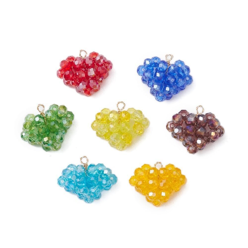 3258 14Pcs Handmade Love Heart Pendants Transparent Faceted Beaded Charms